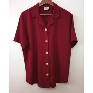 Vintage Teddi crepe texture short sleeve button-down shirt size L Large dark red